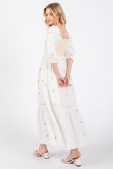 Ivory Gauze Smocked Embroidered Square Neck Midi Dress