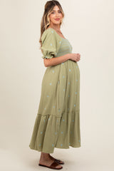 Light Olive Gauze Smocked Embroidered Square Neck Maternity Midi Dress