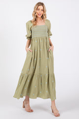 Light Olive Gauze Smocked Embroidered Square Neck Maternity Midi Dress