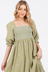 Light Olive Gauze Smocked Embroidered Square Neck Midi Dress