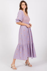 Lavender Gauze Smocked Embroidered Square Neck Midi Dress