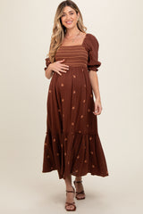 Brown Gauze Smocked Embroidered Square Neck Maternity Midi Dress