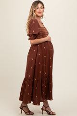 Brown Gauze Smocked Embroidered Square Neck Maternity Midi Dress