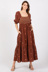 Brown Gauze Smocked Embroidered Square Neck Midi Dress