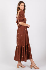 Brown Gauze Smocked Embroidered Square Neck Midi Dress