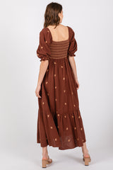 Brown Gauze Smocked Embroidered Square Neck Midi Dress