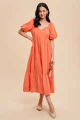 Coral Eyelet Scalloped V-Neck Short Puff Sleeve Maternity Midi Dress