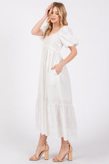 Ivory Eyelet Scalloped V-Neck Short Puff Sleeve Midi Dress