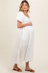 Ivory Eyelet Scalloped V-Neck Short Puff Sleeve Maternity Midi Dress