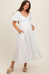 Ivory Eyelet Scalloped V-Neck Short Puff Sleeve Maternity Midi Dress