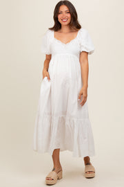 Ivory Eyelet Scalloped V-Neck Short Puff Sleeve Maternity Midi Dress