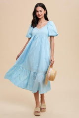 Light Blue Eyelet Scalloped V-Neck Short Puff Sleeve Maternity Midi Dress