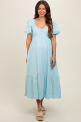 Light Blue Eyelet Scalloped V-Neck Short Puff Sleeve Maternity Midi Dress