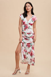 Pink Floral Mesh Ruched Sides Maxi Dress