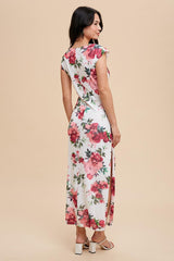 Pink Floral Mesh Ruched Sides Maxi Dress