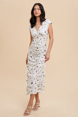 Cream Floral Mesh Ruched Sides Maxi Dress