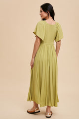 Light Olive V-Neck Flutter Short Sleeve Midi Dress