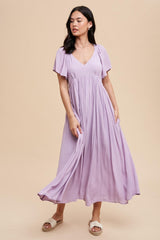 Lavender V-Neck Flutter Short Sleeve Midi Dress