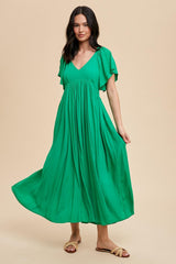 Green V-Neck Flutter Short Sleeve Midi Dress