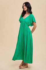 Green V-Neck Flutter Short Sleeve Midi Dress