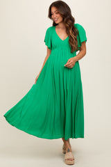 Green V-Neck Flutter Short Sleeve Maternity Midi Dress