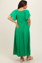 Green V-Neck Flutter Short Sleeve Maternity Midi Dress