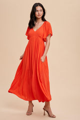 Coral V-Neck Flutter Short Sleeve Maternity Midi Dress