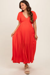 Coral V-Neck Flutter Short Sleeve Maternity Midi Dress