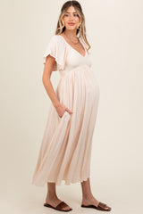 Cream V-Neck Flutter Short Sleeve Maternity Midi Dress