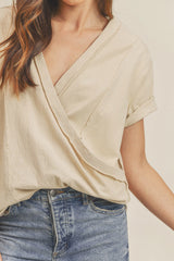 Beige Wrap Short Sleeve Raw Hem Top