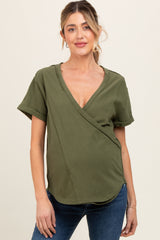 Olive Wrap Short Sleeve Raw Hem Maternity Top