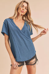 Blue Wrap Short Sleeve Raw Hem Top