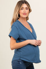 Blue Wrap Short Sleeve Raw Hem Maternity Top