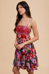 Multi-Color Floral Paisley Square Neck Tie Back Dress