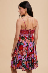 Multi-Color Floral Paisley Square Neck Tie Back Dress