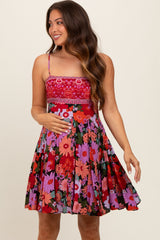 Multi-Color Floral Paisley Square Neck Tie Back Maternity Dress