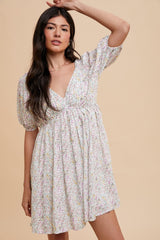 Cream Floral V-Neck Cutout Back Dress