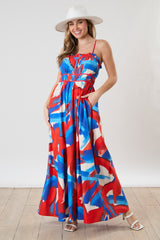 Red Pleated Binding Brushed Print Maternity Maxi Dress