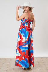 Red Pleated Binding Brushed Print Maxi Dress