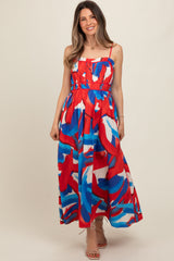 Red Pleated Binding Brushed Print Maternity Maxi Dress