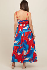 Red Pleated Binding Brushed Print Maternity Maxi Dress