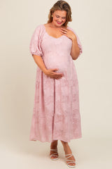 Light Pink Embroidered Leaf Print Striped Maternity Plus Maxi Dress