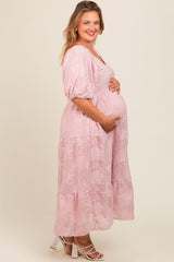 Light Pink Embroidered Leaf Print Striped Maternity Plus Maxi Dress