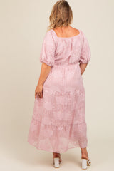 Light Pink Embroidered Leaf Print Striped Maternity Plus Maxi Dress