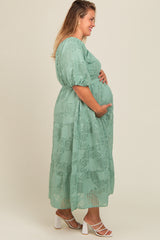 Light Olive Embroidered Leaf Print Striped Maternity Plus Maxi Dress