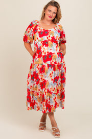 Red Floral V-Neck Short Puff Sleeve Tiered Maternity Plus Midi Dress