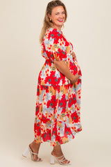 Red Floral V-Neck Short Puff Sleeve Tiered Maternity Plus Midi Dress