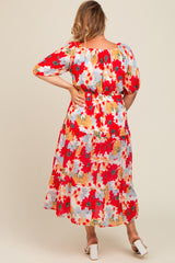 Red Floral V-Neck Short Puff Sleeve Tiered Maternity Plus Midi Dress