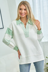 Mint Green Colorblock Stripe Collared Maternity Sweater