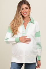 Mint Green Colorblock Stripe Collared Maternity Sweater